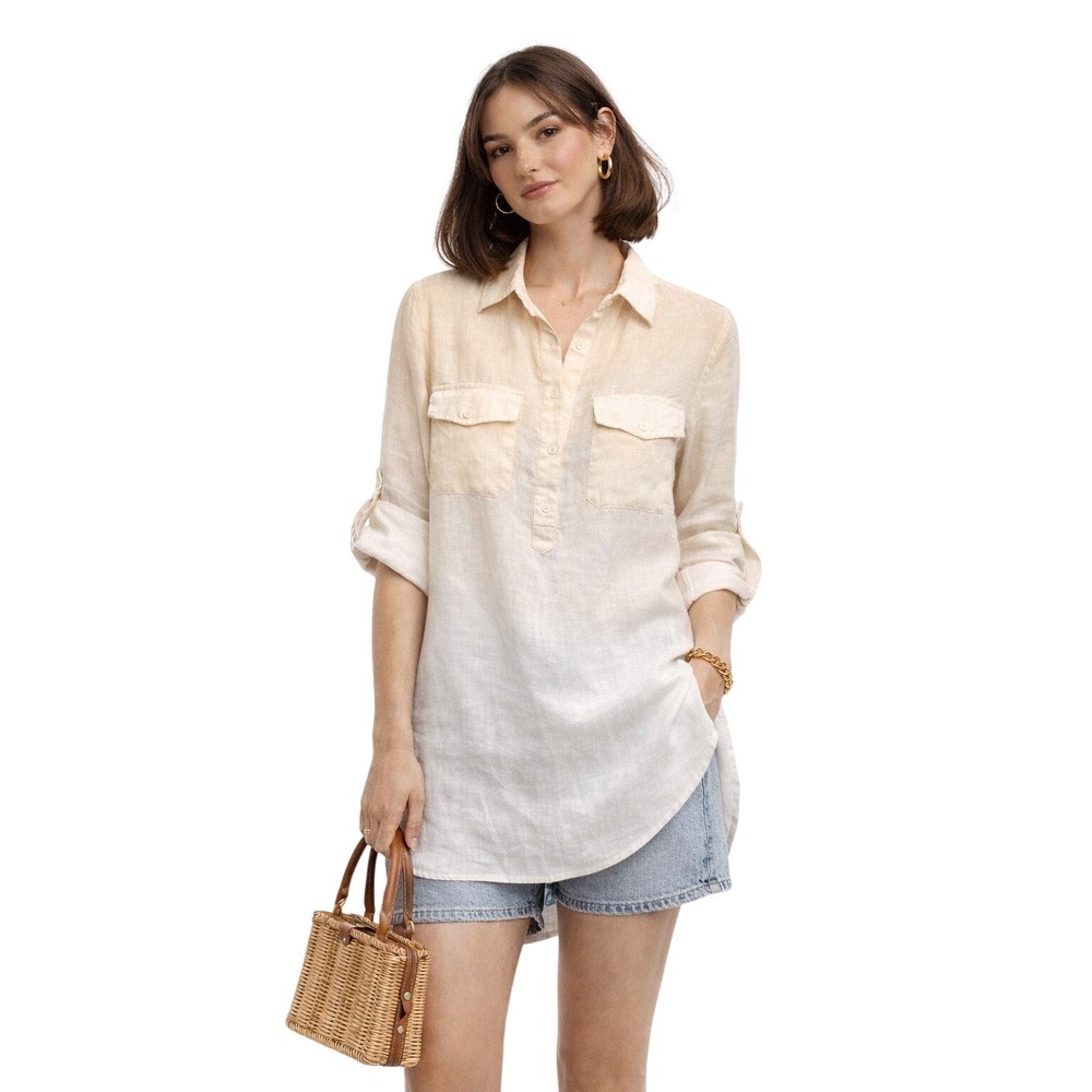 Lauren Ralph Lauren 100% Linen Popover Top Cream Roll Tab Coastal Preppy S